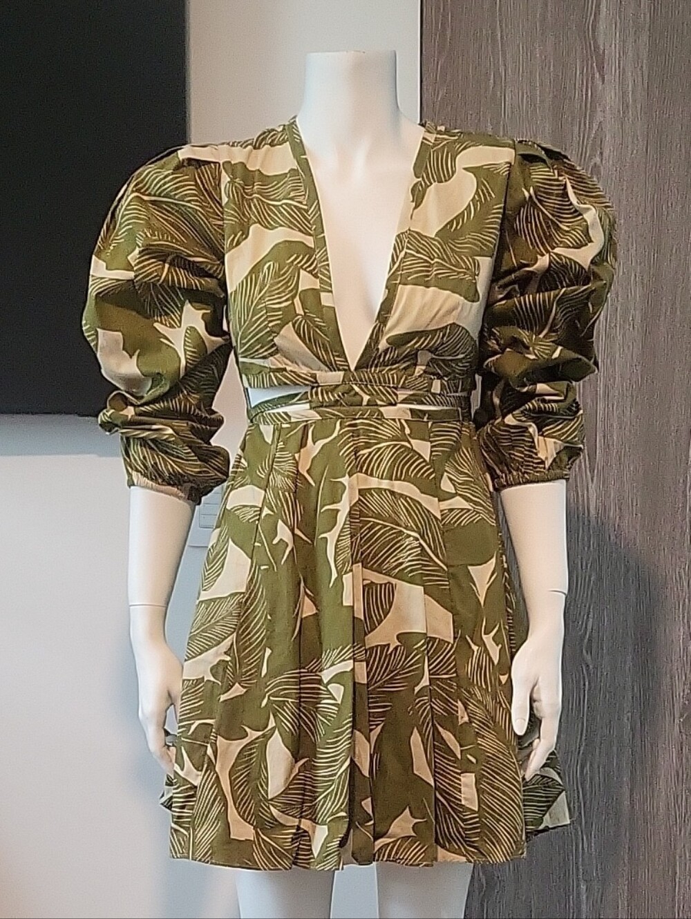 Walter Baker Olive and Cream Puff-Sleeve Mini Dress